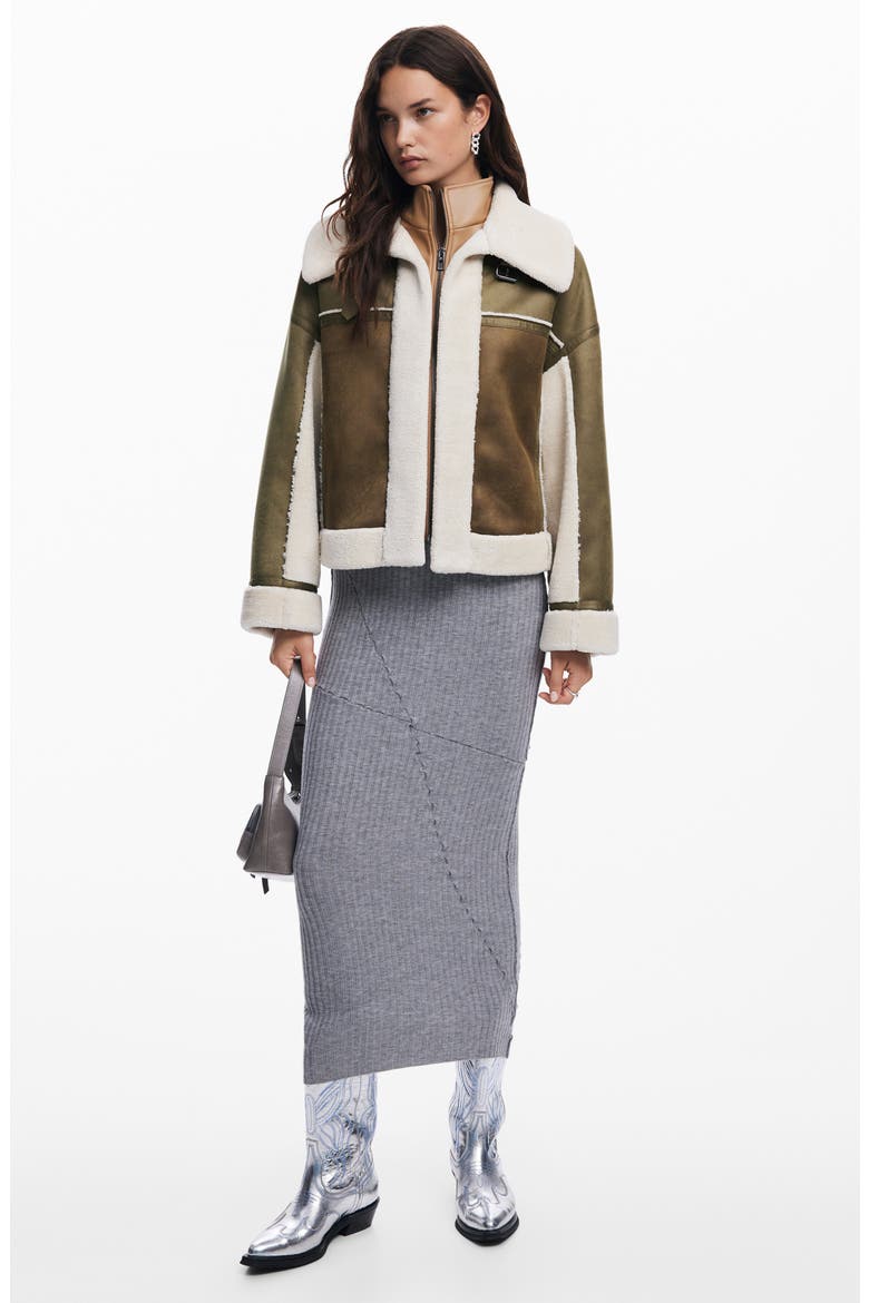 Edimurgo Faux Shearling Jacket with Faux Leather Bib, Alternate, color, GREEN
