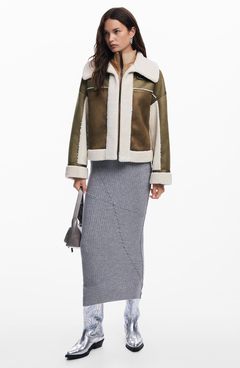 Desigual Edimurgo Faux Shearling Jacket with Faux Leather Bib, Alternate, color,