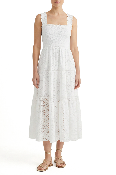 Kristen Smocked Embroidered Tiered Midi Dress