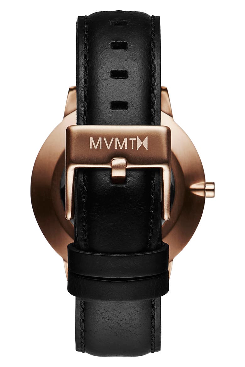 MVMT Boulevard Leather Strap Watch, 38mm, Alternate, color, BLACK/ ROSE GOLD