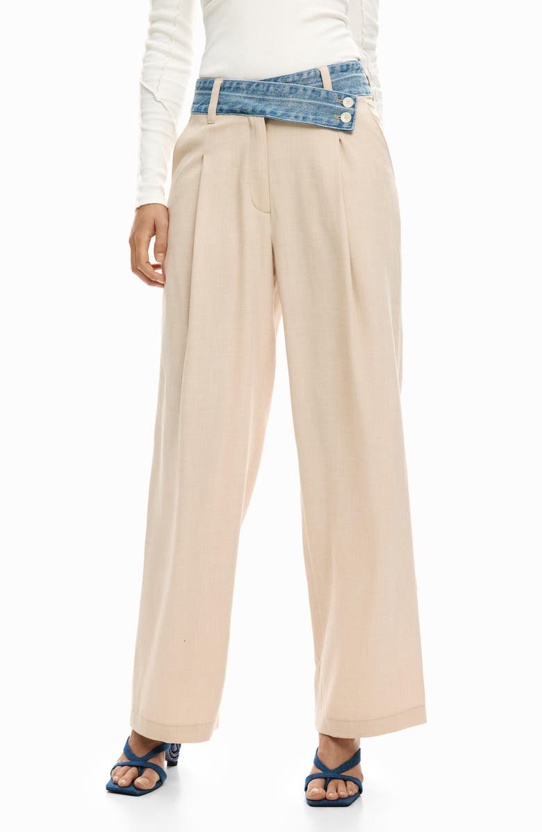 Desigual Pleat Front Wide Leg Pants, Main, color, Medium Beige