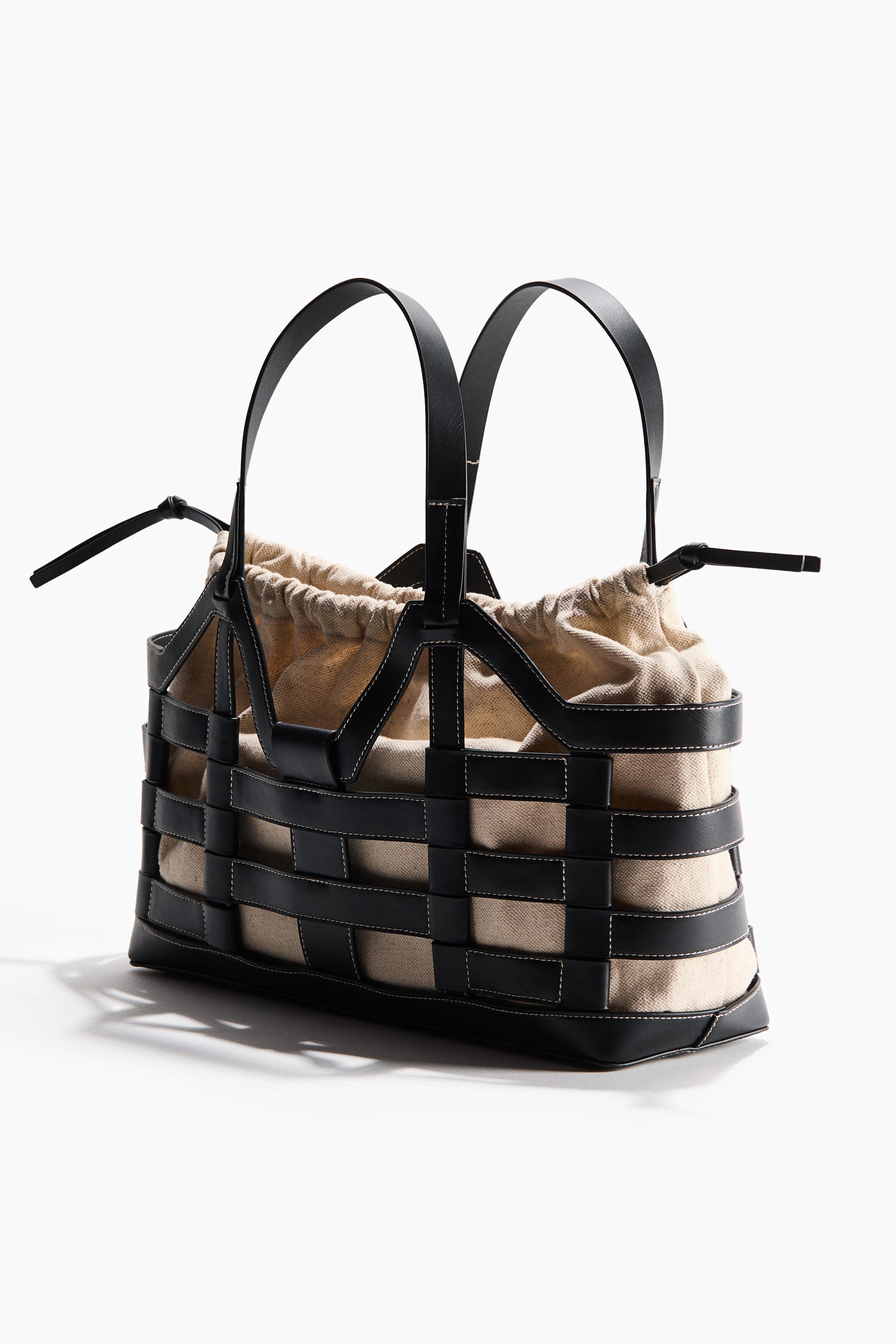 H&M Large drawstring-detail tote bag, Alternate, color, Black/Light Beige