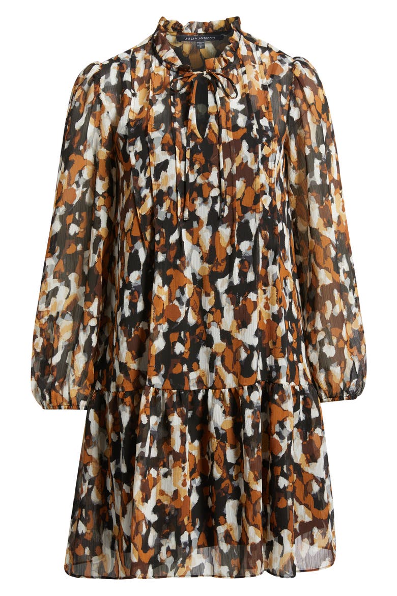 Pintuck Long Sleeve Dress, Alternate, color, BROWN MULTI