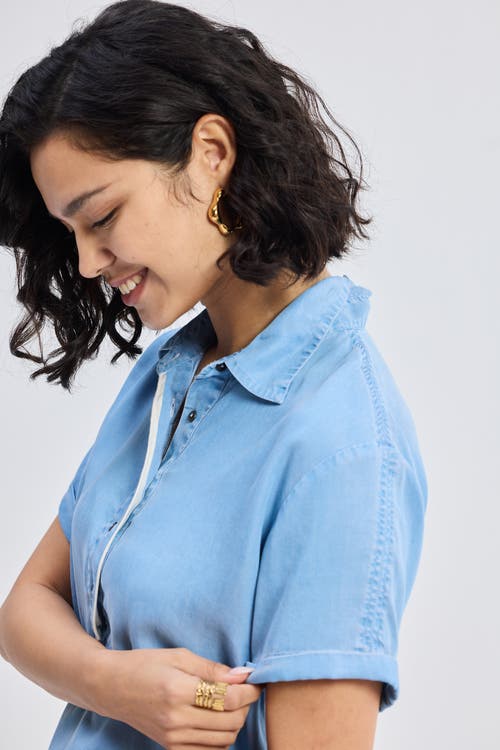 Reistor Drawstring Denim Shirt Dress With Front Buttons In Ocean Blue