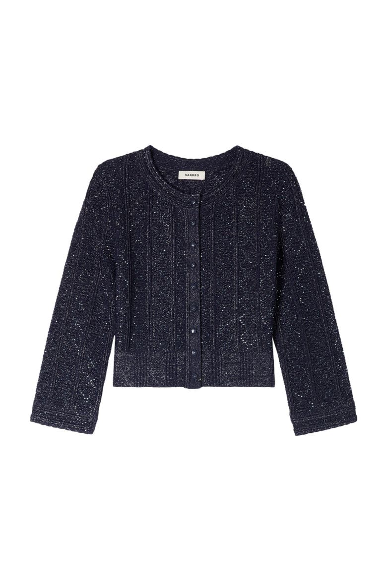 Strass knit cropped cardigan, Alternate, color, Navy blue