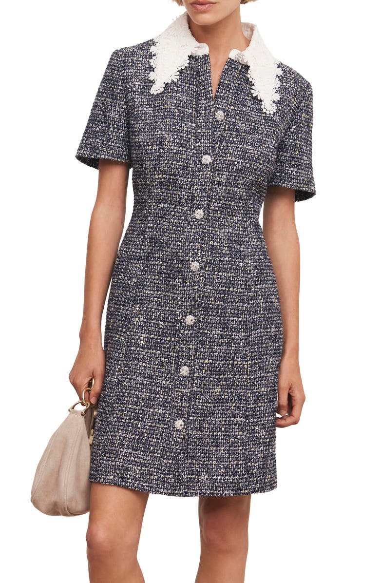 MINT VELVET Statement Collar Boucle Mini Dress, Main, color, Navy