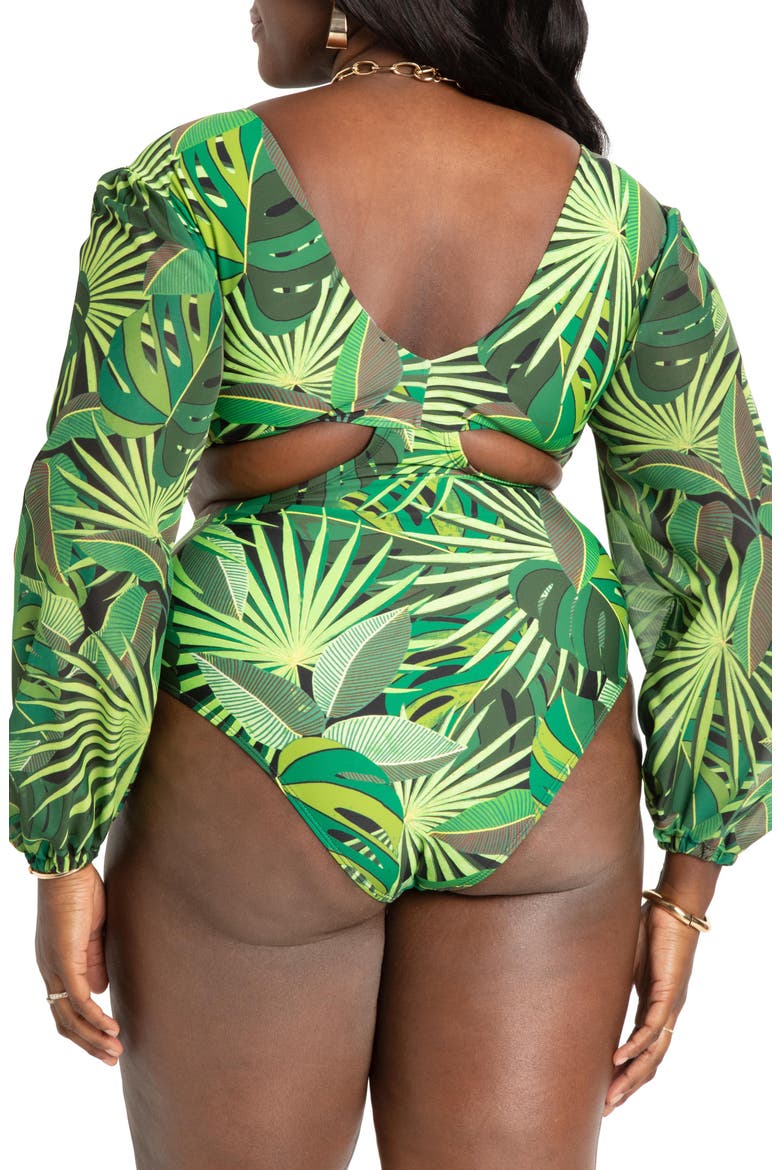 Cutout Long Sleeve One-Piece Swimsuit, Alternate, color, PALM LIFE