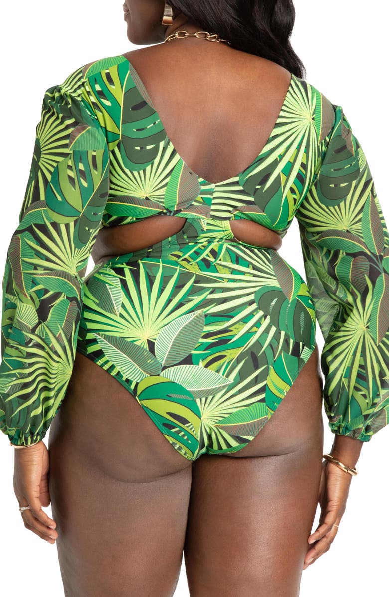 ELOQUII Cutout Long Sleeve One-Piece Swimsuit, Alternate, color,