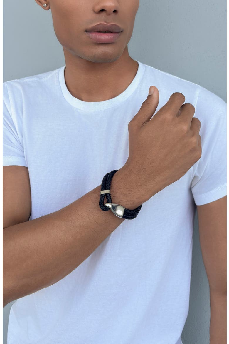 Men's Double Braided Leather Bracelet, Alternate, color, BLACK/ SILVER