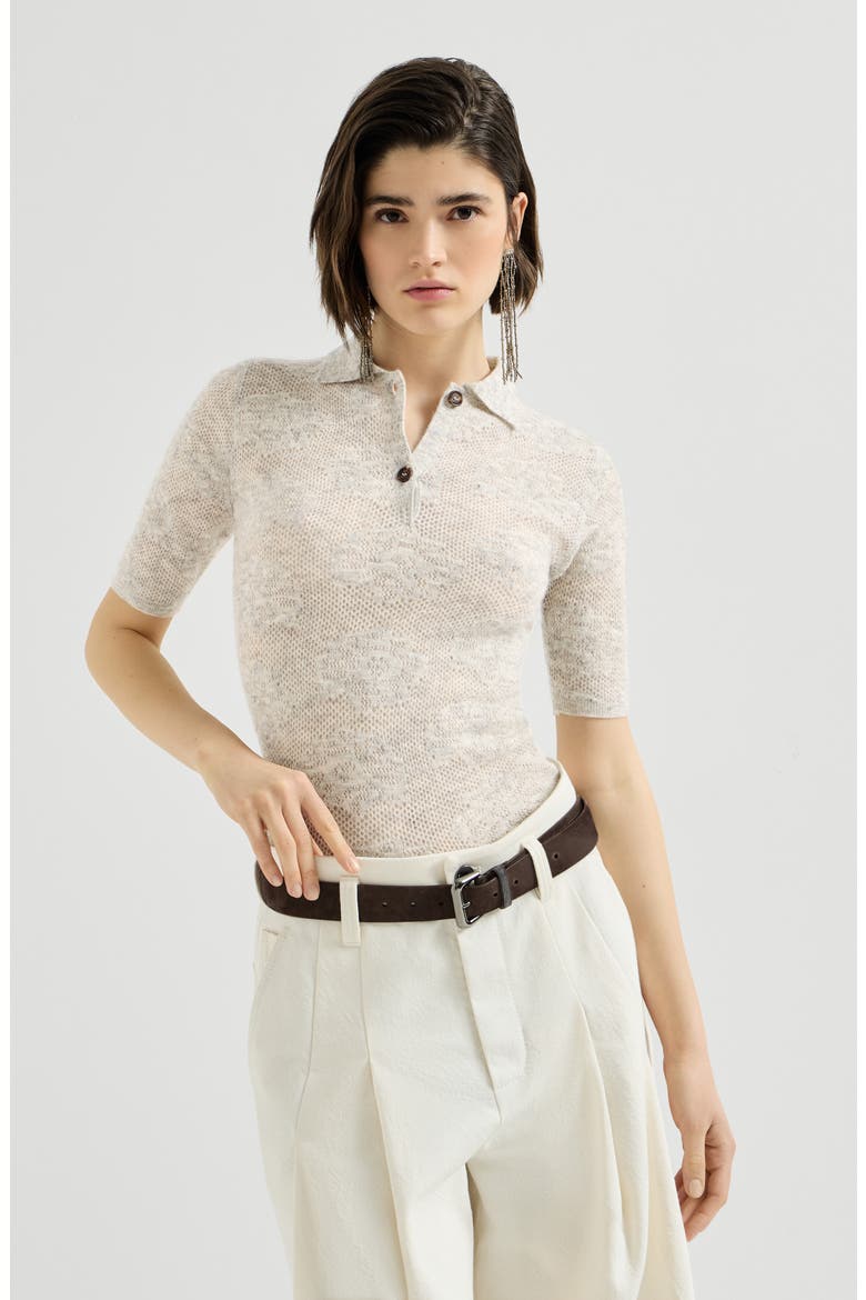Silk, alpaca and wool flower lace knit polo, Main, color, Fog