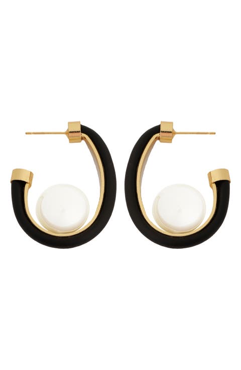 Faux Pearl Leather Hoop Earrings