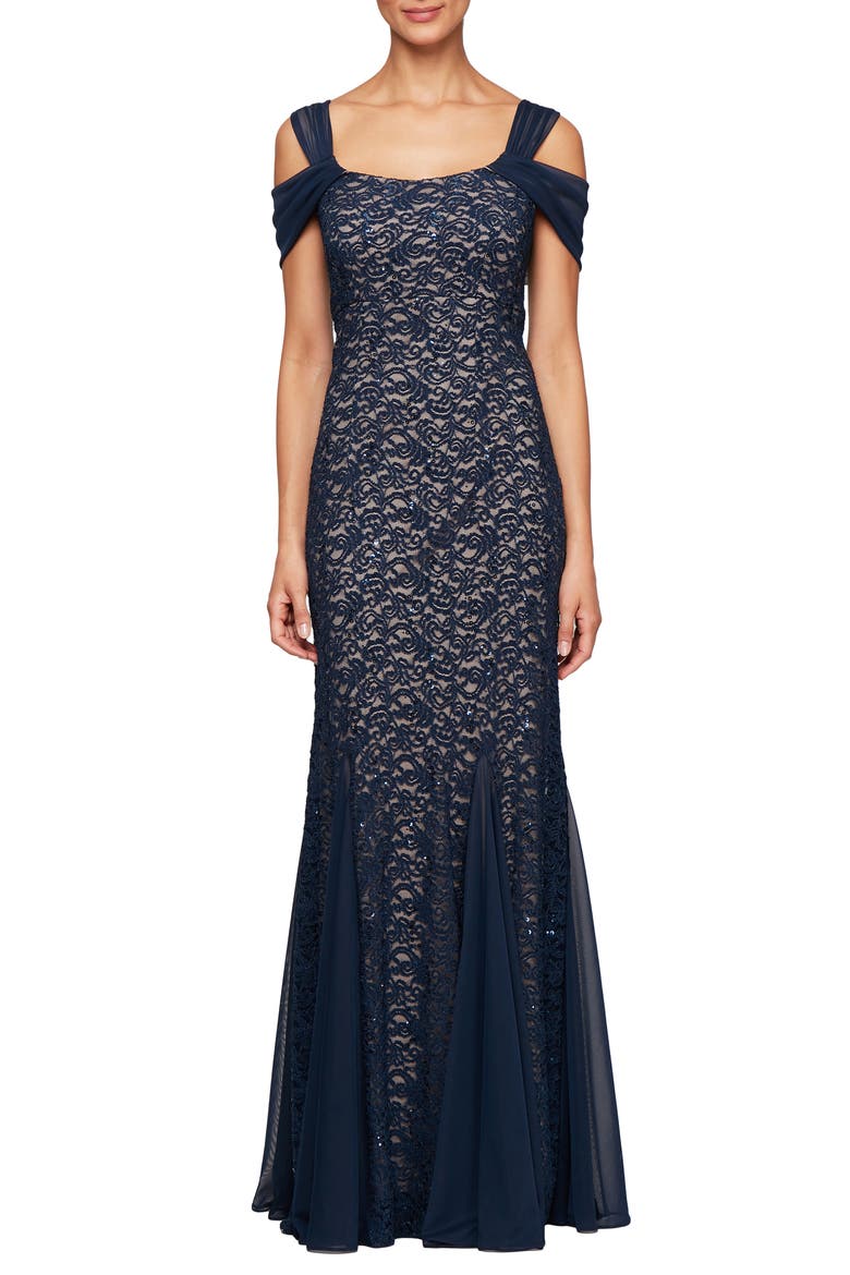 Cold Shoulder Fit & Flare Evening Gown, Main, color, NAVY/NUDE