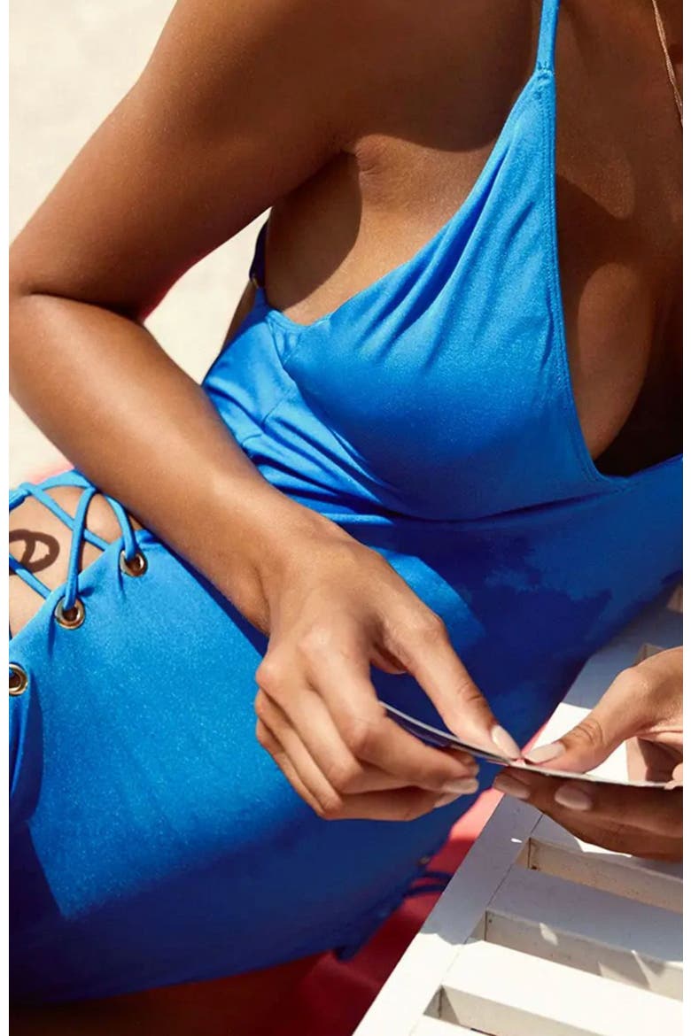 Ibiza Plunging V Neckline With Gold Eyelets Adjustable Lace-Up One-Piece Swimsuit, Alternate, color, Blue