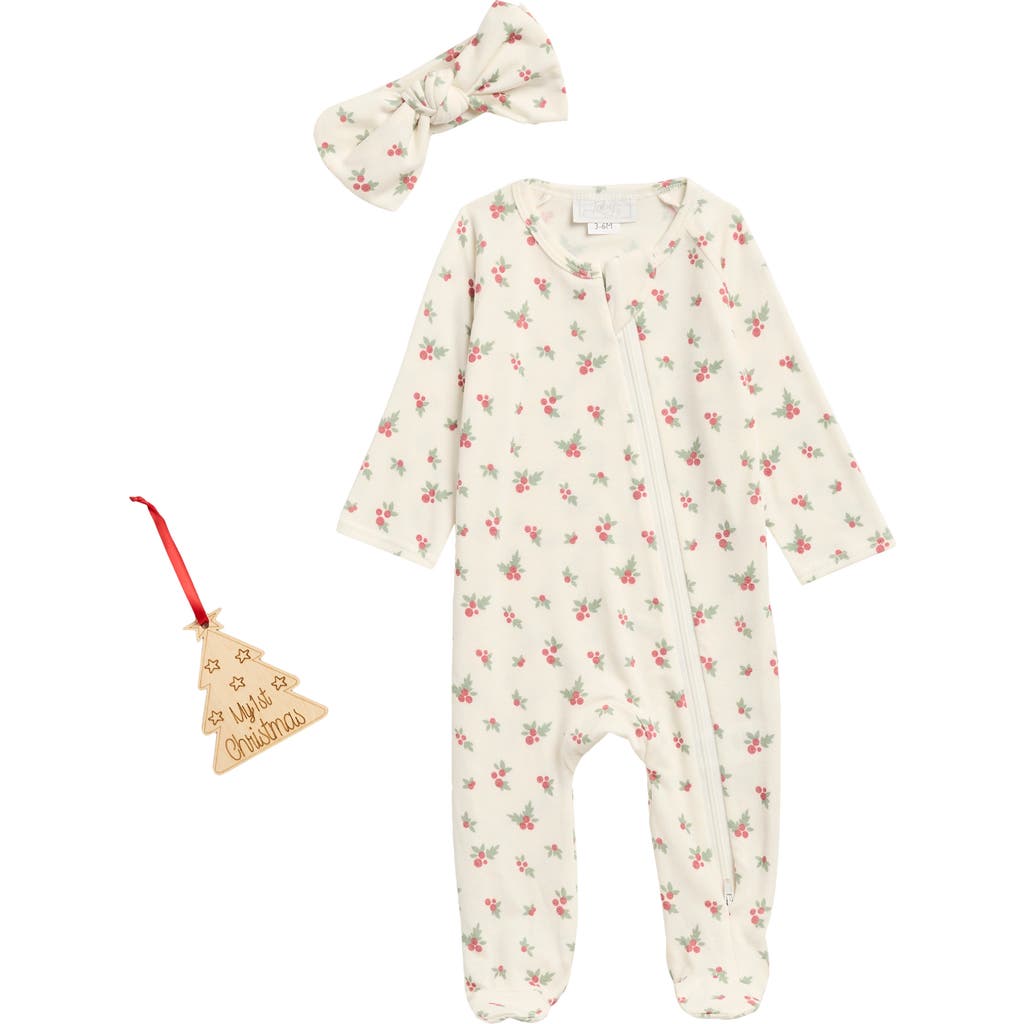 Toby Mistletoe Footie, Bow & Ornament Set In White