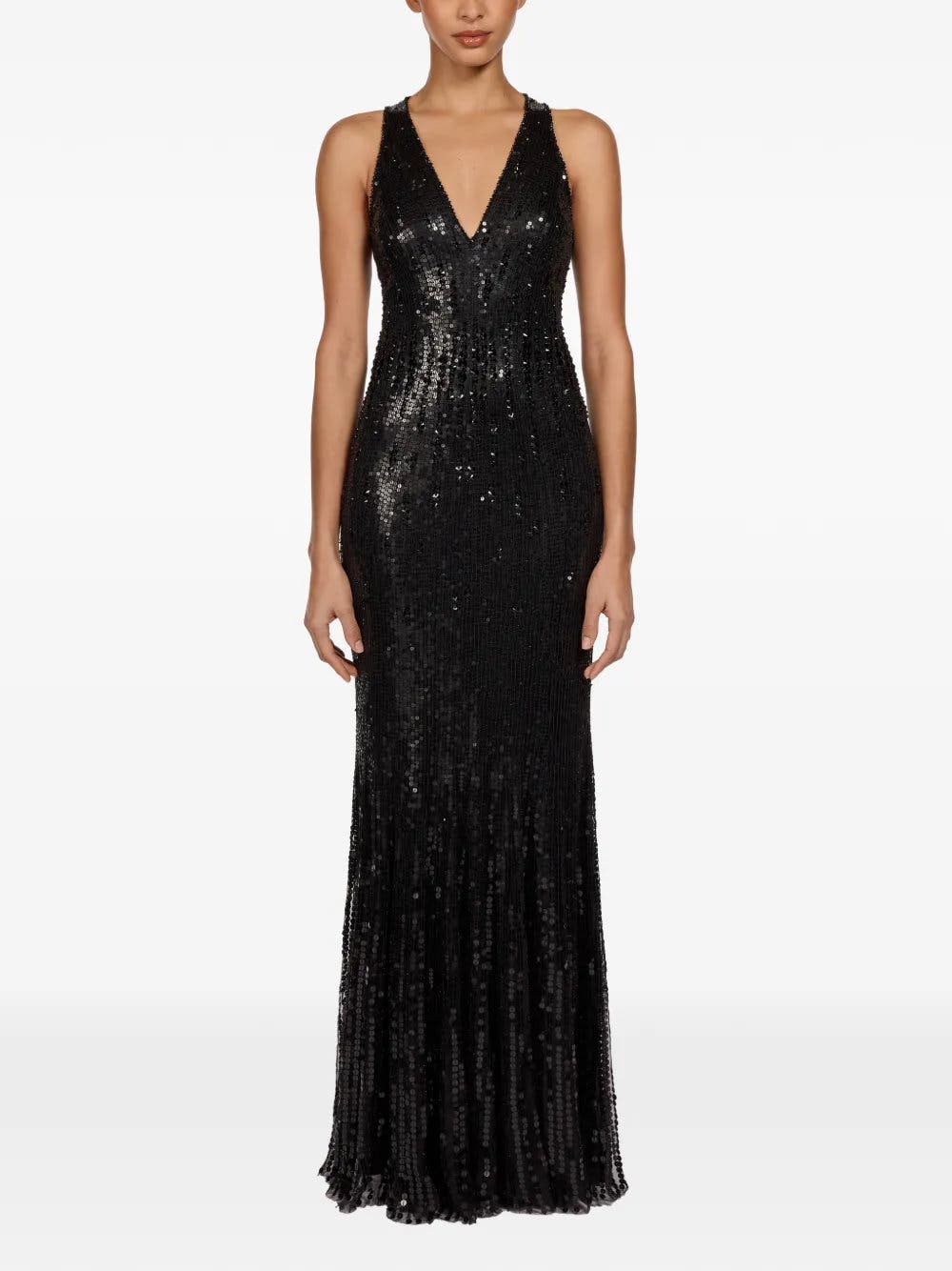 Black Flower Sequined V-Neck Maxi Dress
