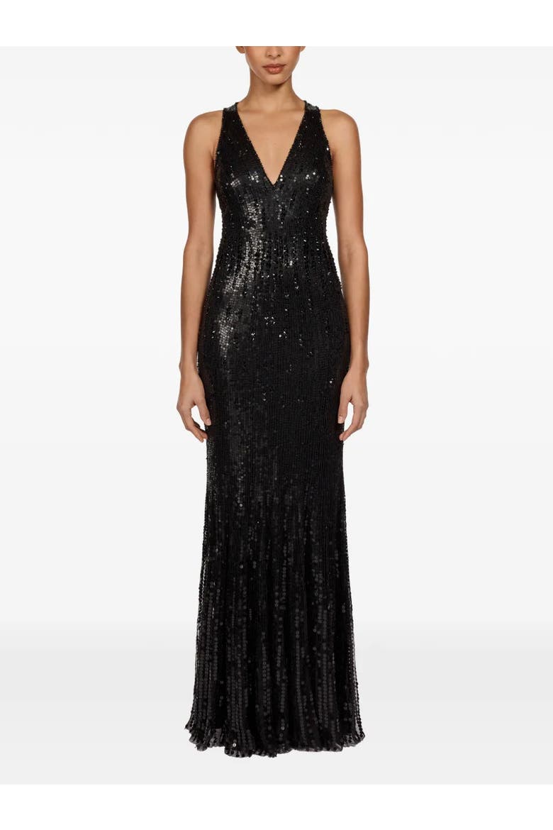 Black Flower Sequined V-Neck Maxi Dress, Main, color, Liquorice