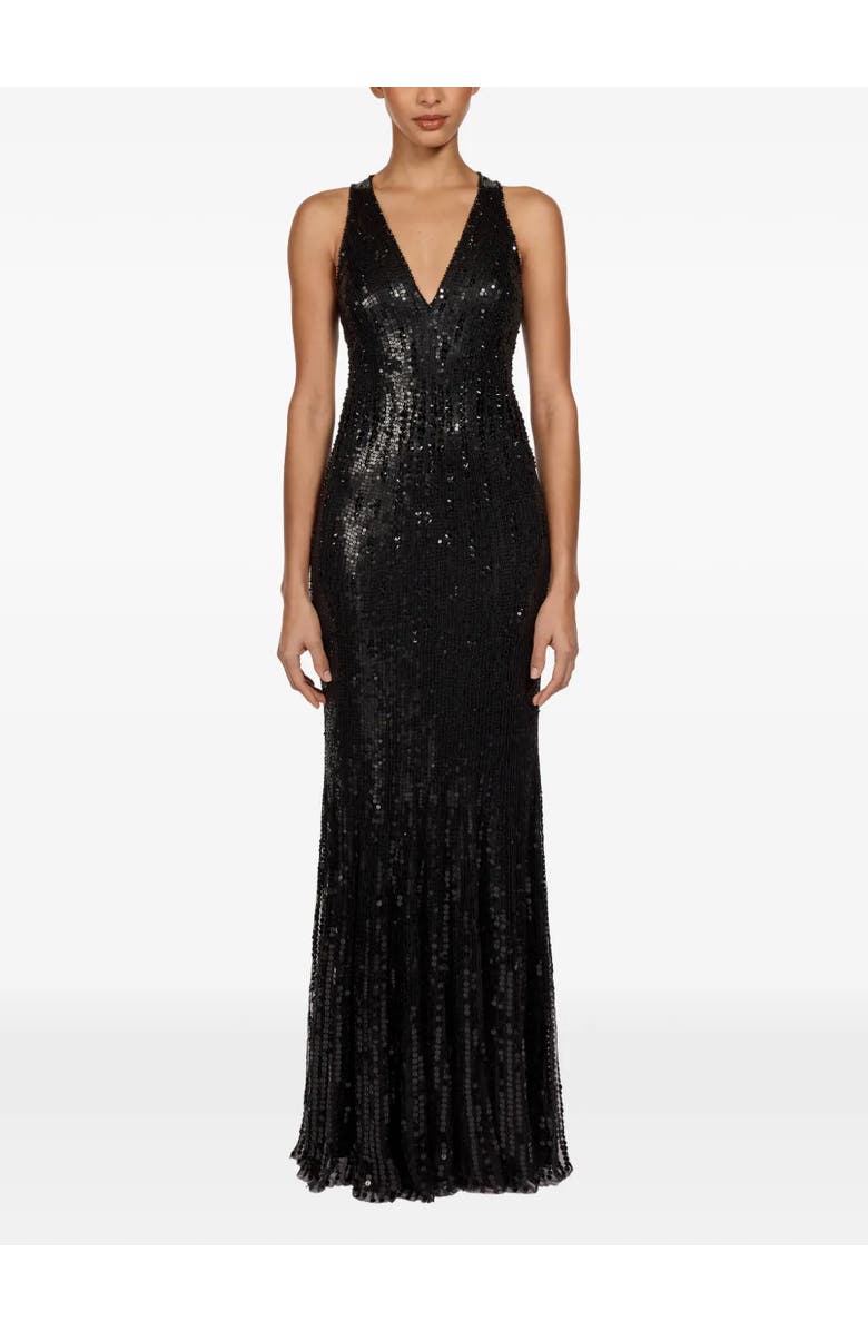 Jenny Packham Black Flower Sequined V-Neck Maxi Dress, Alternate, color, Liquorice