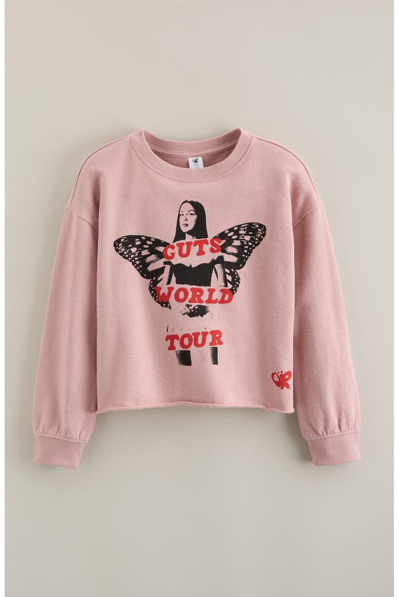 Kids' Graphic Raw Hem Crop Crewneck Sweatshirt, Main, color, PINK NIGHT OLIVIA RODRIGO