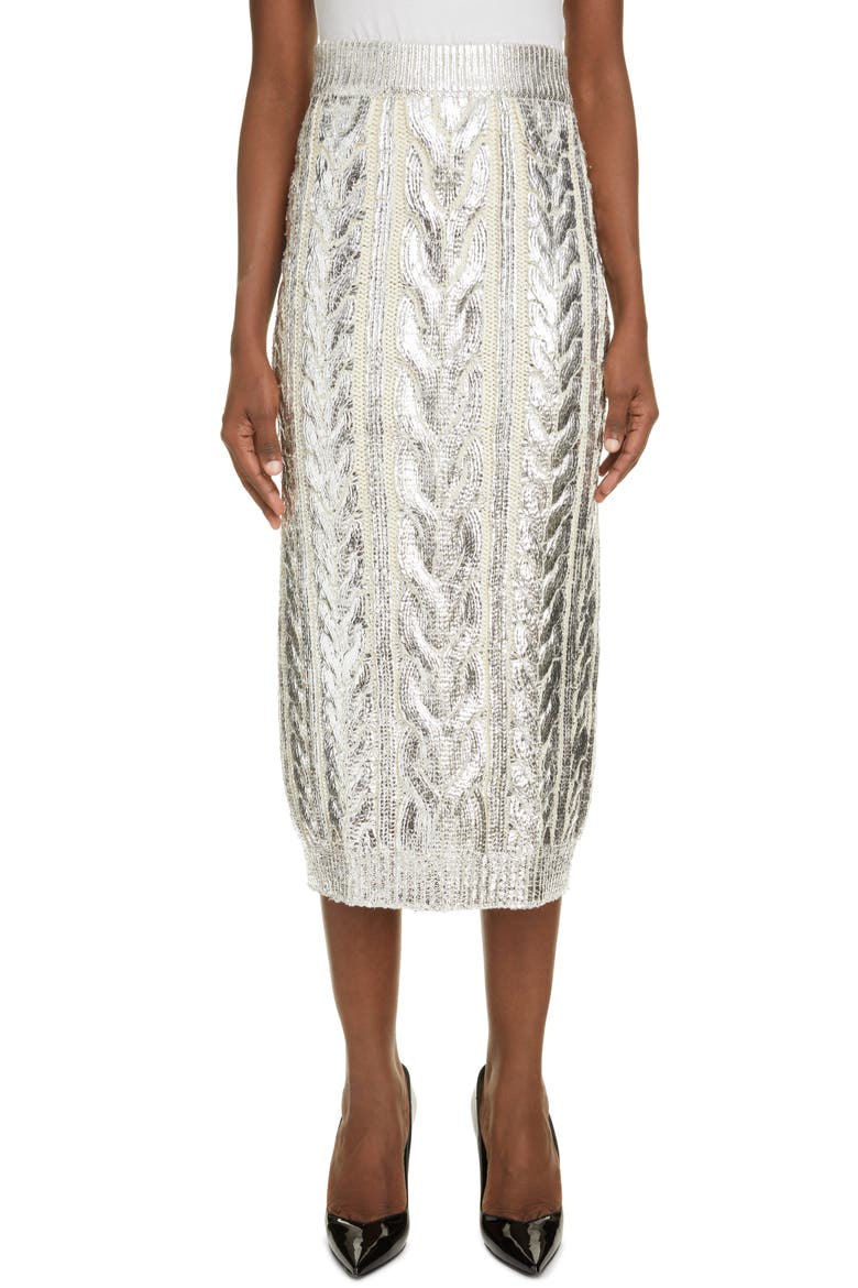 Metallic Cable Knit Virgin Wool Blend Midi Skirt, Main, color, GAC BLANC/ ARGENT