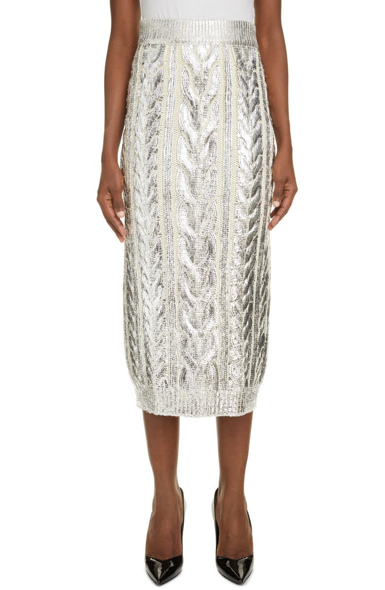 Balmain Metallic Cable Knit Virgin Wool Blend Midi Skirt, Main, color, 