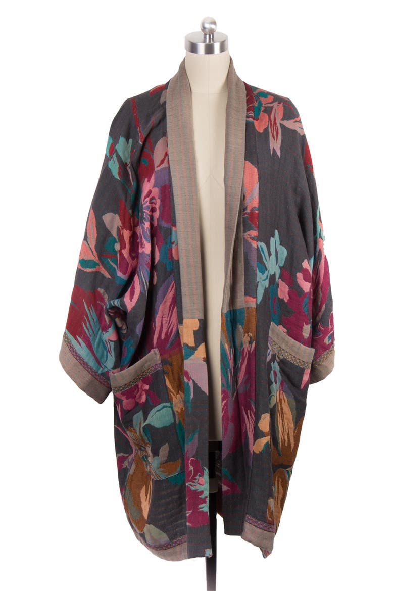Keisha Long Floral Pattern Duster Jacket, Alternate, color, GREY/ PINK