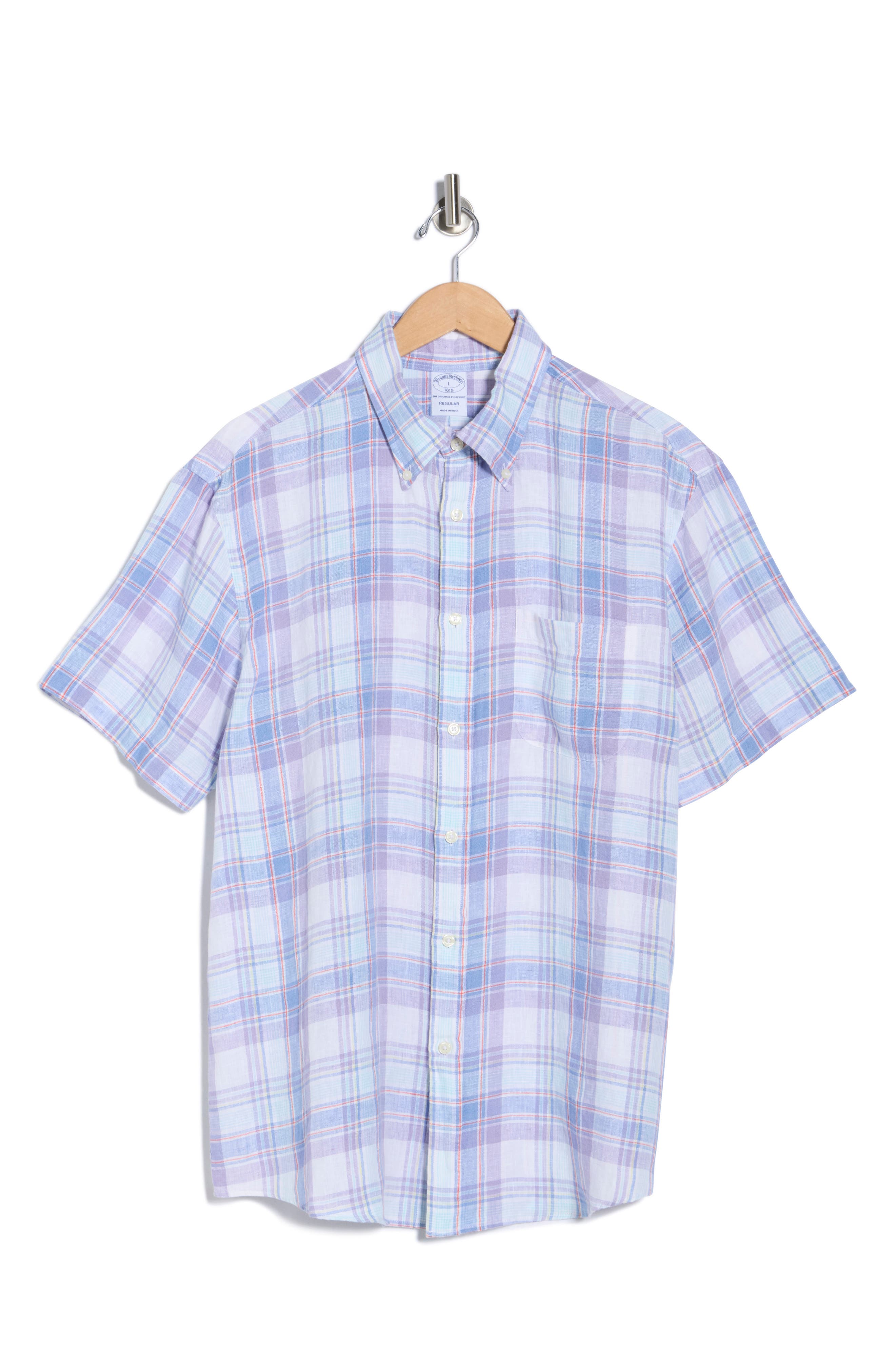 Brooks Brothers Regular Fit Plaid Short Sleeve Linen Button-Up Shirt