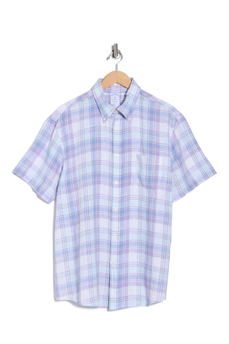 Regular Fit Plaid Short Sleeve Linen Button-Up Shirt, Alternate, color, NAVY MULTI PLAID