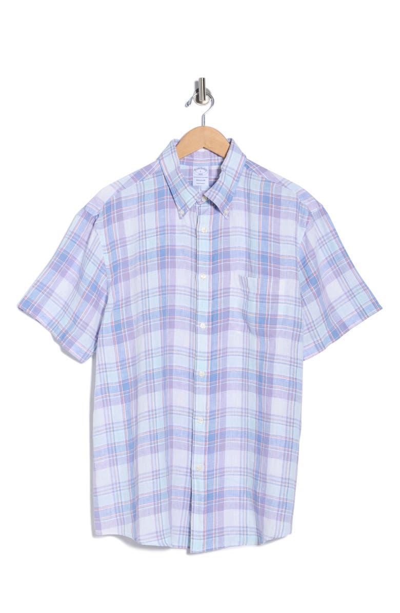 Brooks Brothers Regular Fit Plaid Short Sleeve Linen Button-Up Shirt, Main, color, Navy Multi Plaid