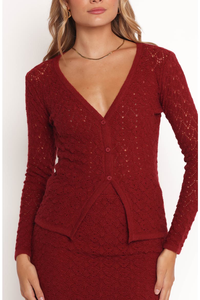 Suzzie Pointelle Stitch Cardigan & Miniskirt Set, Alternate, color, OXBLOOD