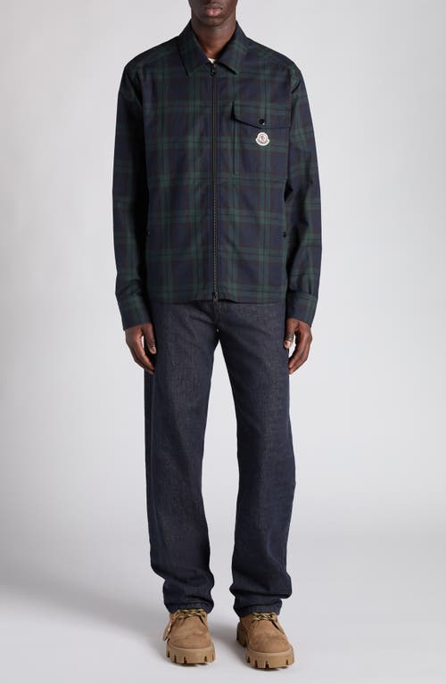 Moncler Camicia Plaid Cotton Zip Shirt Jacket In Blue