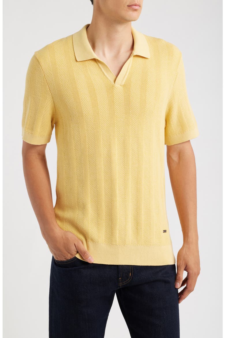 Johnny Collar Basket Stitch Cotton Blend Short Sleeve Sweater, Main, color, JOJOBA