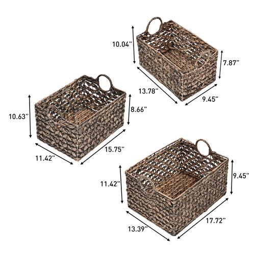 Happimess Quinn Bohemian Cottage Woven Hyacinth Rectangular Storage Baskets With Handles (set Of 3) In Brown