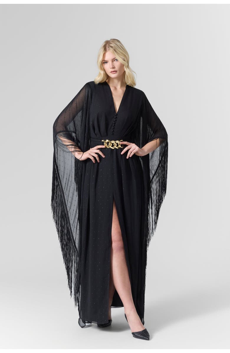 Le Fafo Luna Fringe Belted Gown Dress, Alternate, color, Black