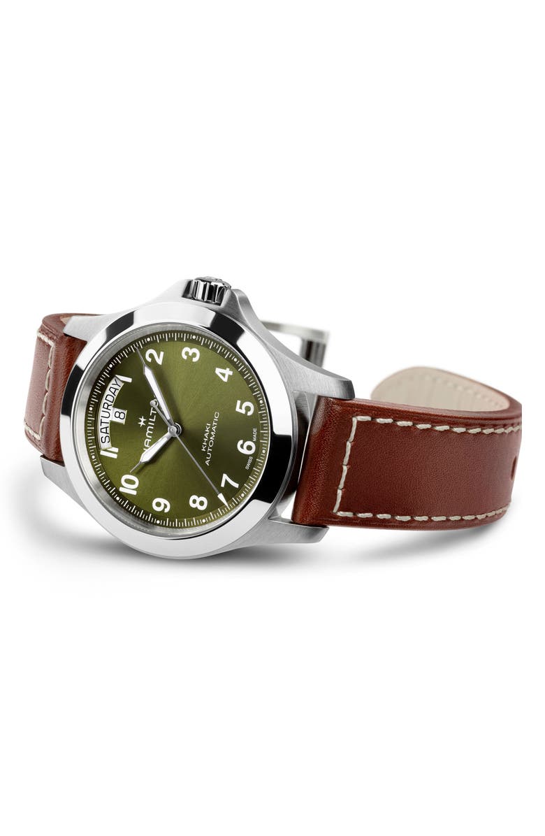 Hamilton Khaki Field Automatic Leather Strap Watch, Alternate, color, Green