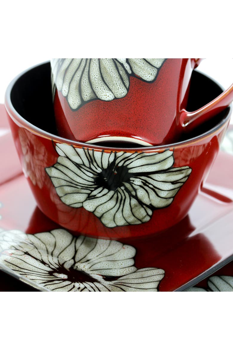 Winter Bloom 16 Piece Square Stoneware Dinnerware Set, Alternate, color, Red
