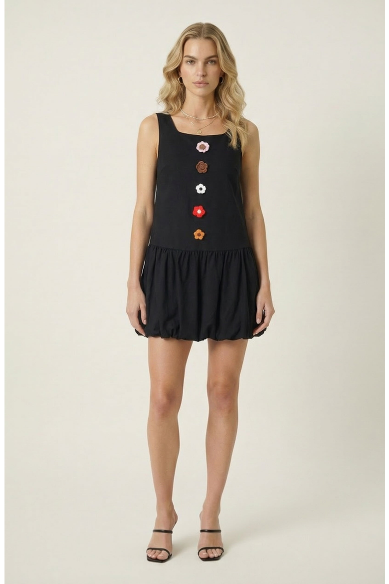 Sleeveless Mini Dress with Floral Applique and Bubble Hem, Main, color, Black