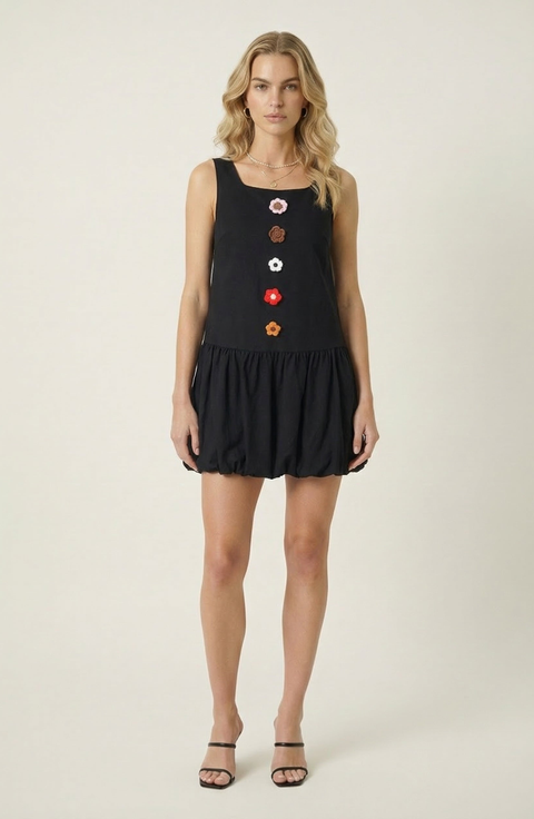Sleeveless Mini Dress with Floral Applique and Bubble Hem
