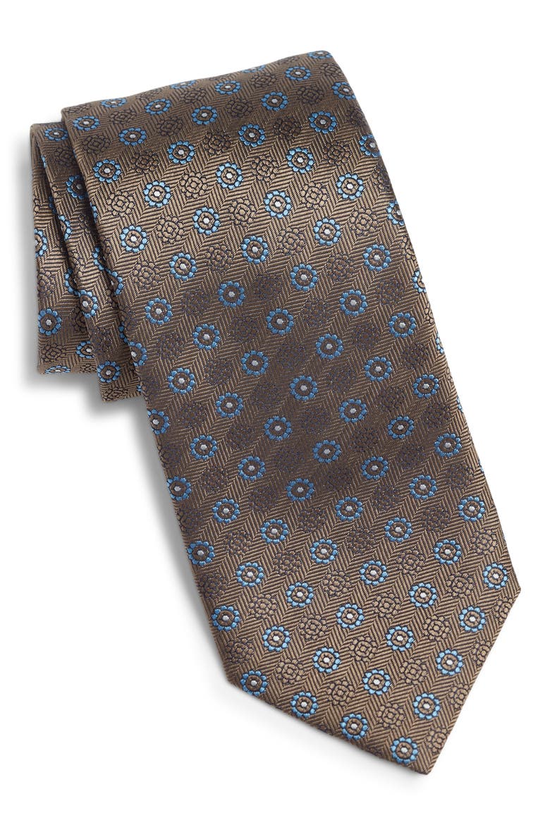 Floral Medallion Silk Tie, Main, color, LIGHT BROWN