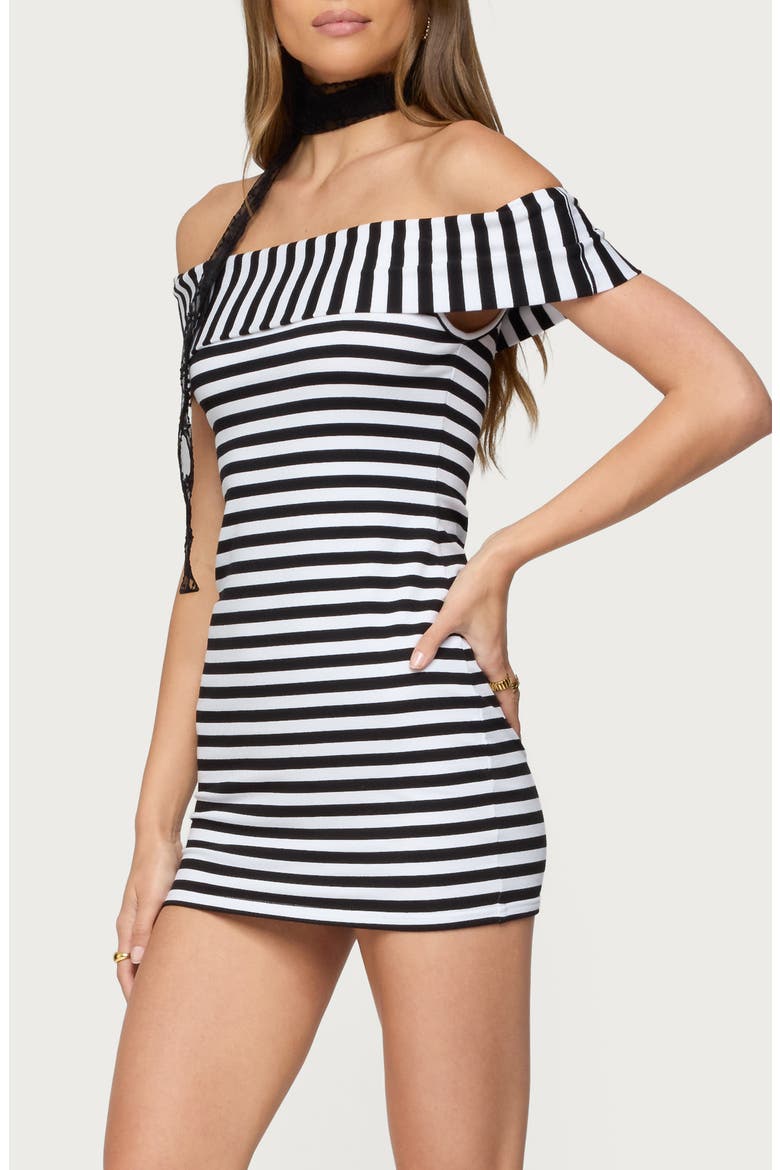Zivi Stripe Foldover Off-the-Shoulder Minidress, Alternate, color, BLACK-AND-WHITE