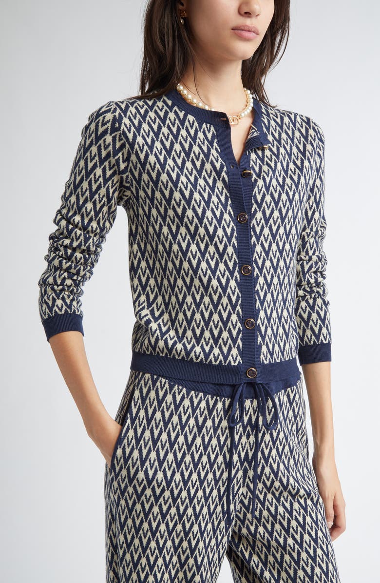Valentino Garavani Toute La V Jacquard Virgin Wool Cardigan, Alternate, color, Navy/ Cream