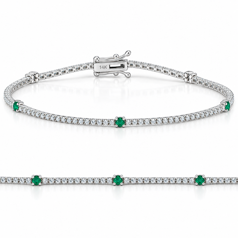 1 1/10 Ct Diamond & Green Emerald Tennis Bracelet 14k Gold 7" Lab Grown
