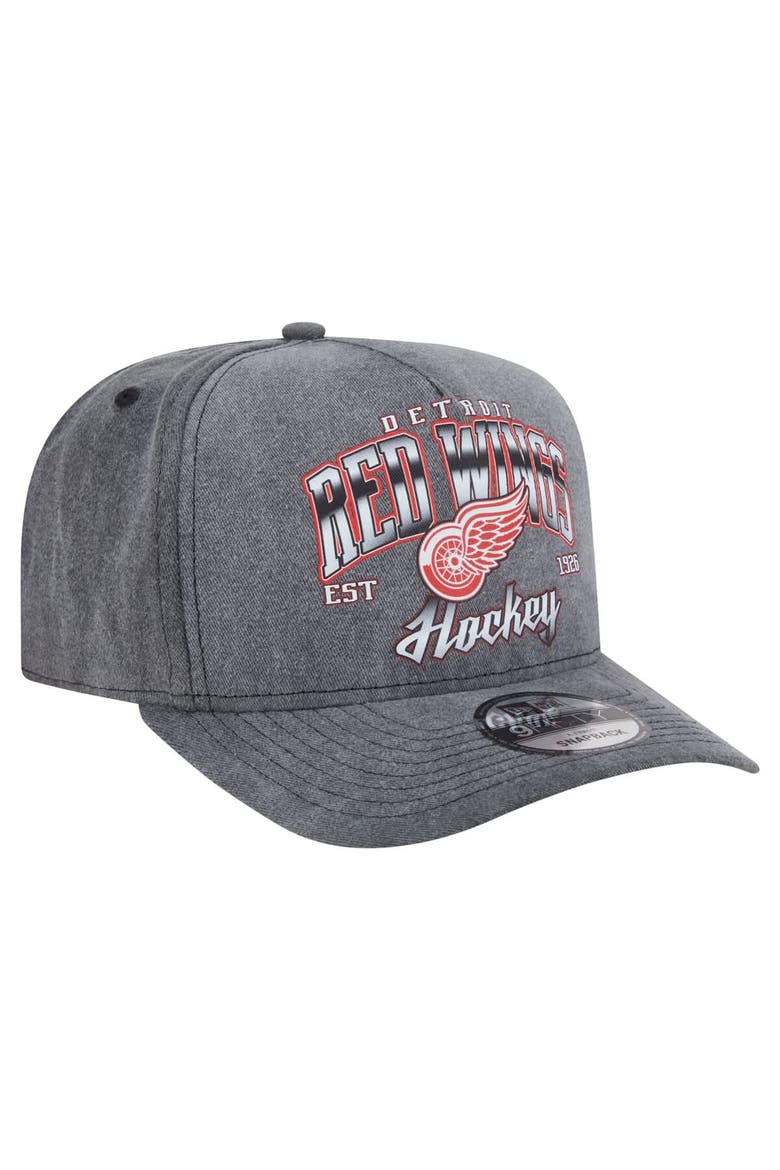 Men's New Era  Charcoal Detroit Red Wings Throwback Washed A-Frame Pre-Curved 9FIFTY Snapback Hat, Alternate, color, Charcoal