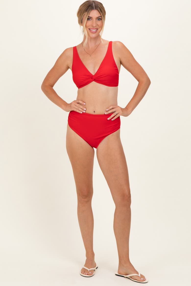 Twist Front V-Neck Bikini Set, Alternate, color, Red
