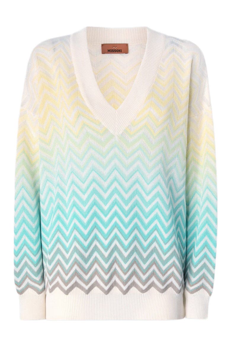 V-neck Pullover In Cotton And Viscose Chevron Dégradé, Alternate, color, Light Blue& Yellow