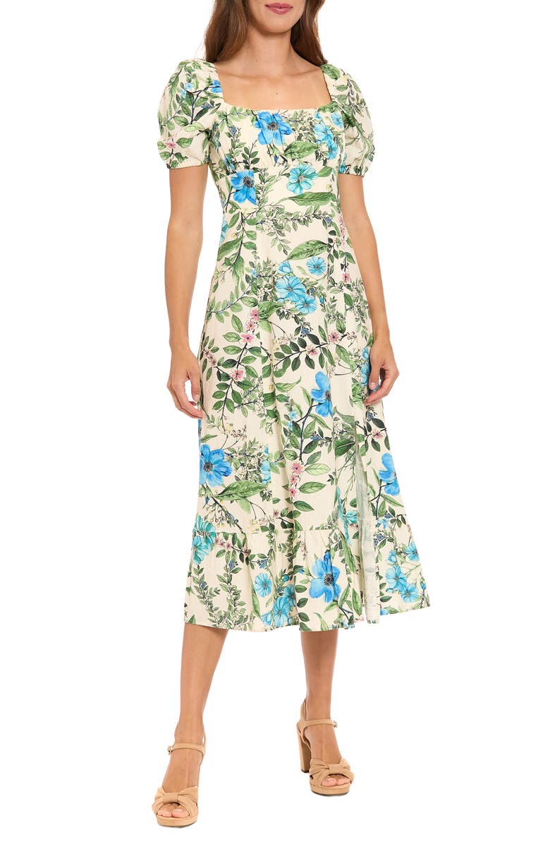 London Times Puff Sleeve Midi Sundress, Main, color, Cream/ Blue/ Green