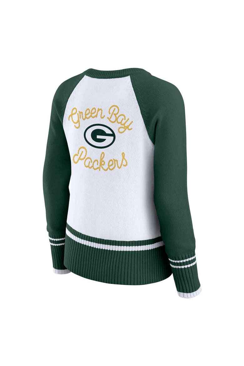 Women's WEAR by Erin Andrews White/Green Green Bay Packers Colorblock Raglan Sweater, Alternate, color, White