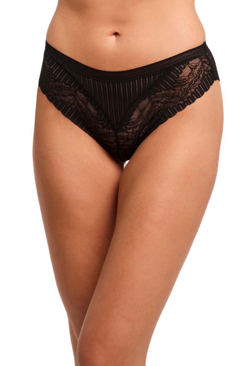 Montelle Intimates Temptation High Leg Lace Brazilian Panties, Main, color, Black/Sand