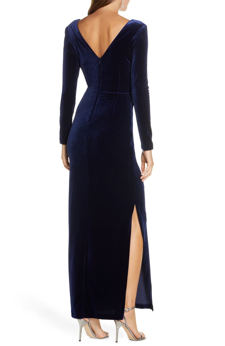 Eliza J Long Sleeve Ruched Velvet Gown, Alternate, color,