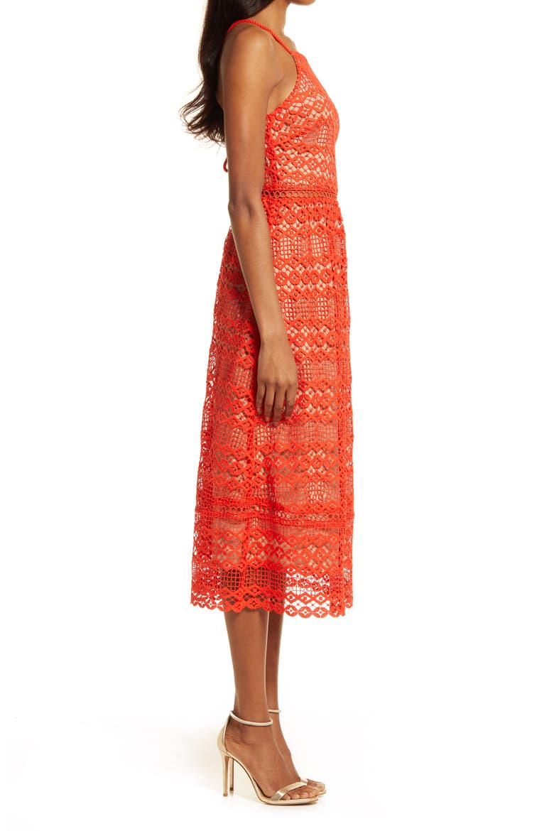 Alani Crochet Lace Midi Dress, Alternate, color, MANDARIN RED