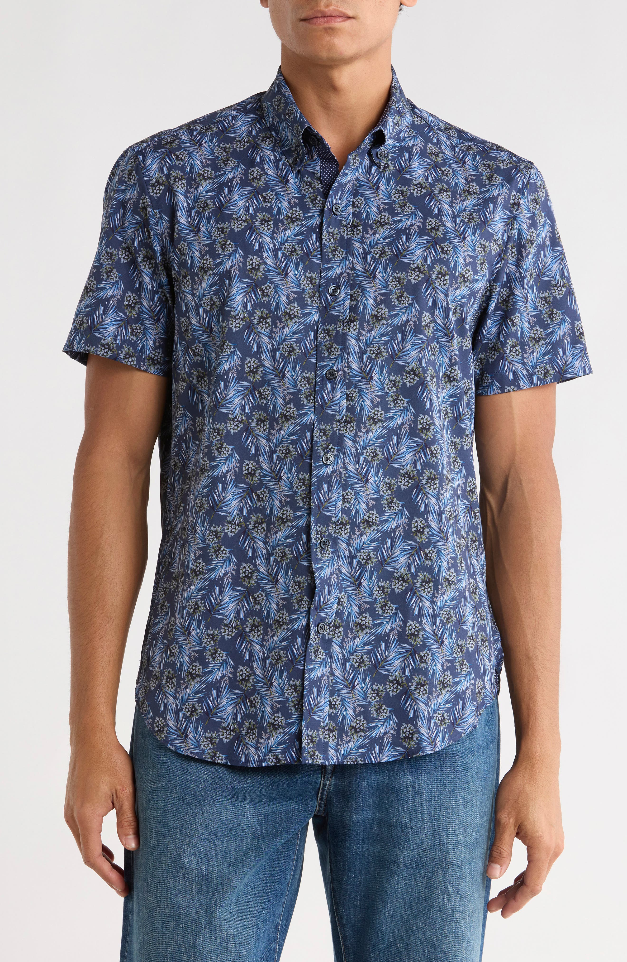 CONSTRUCT Slim Fit Pine Cone Print 4-Way Stretch Short Sleeve Shirt